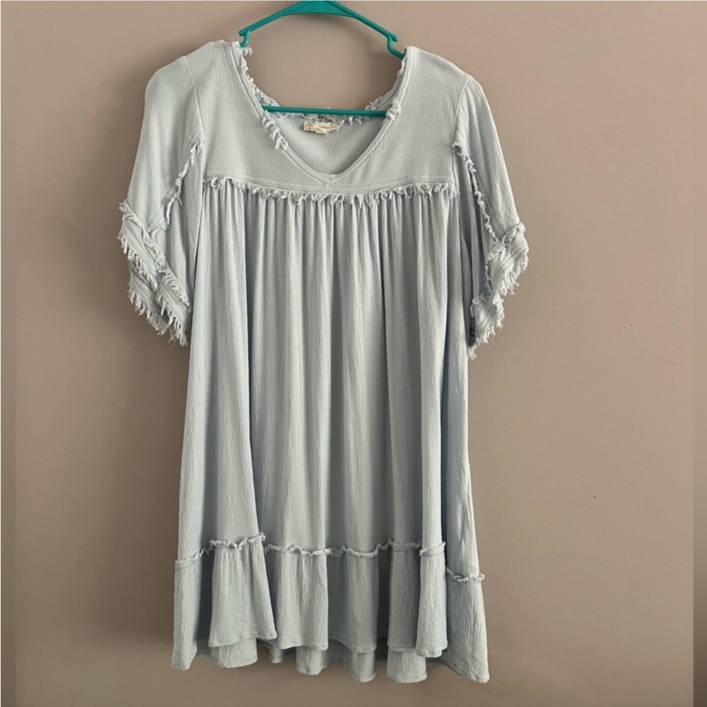 Endless Blu size Medium trapeze swing mini dress, baby blu, raw edges. EUC
